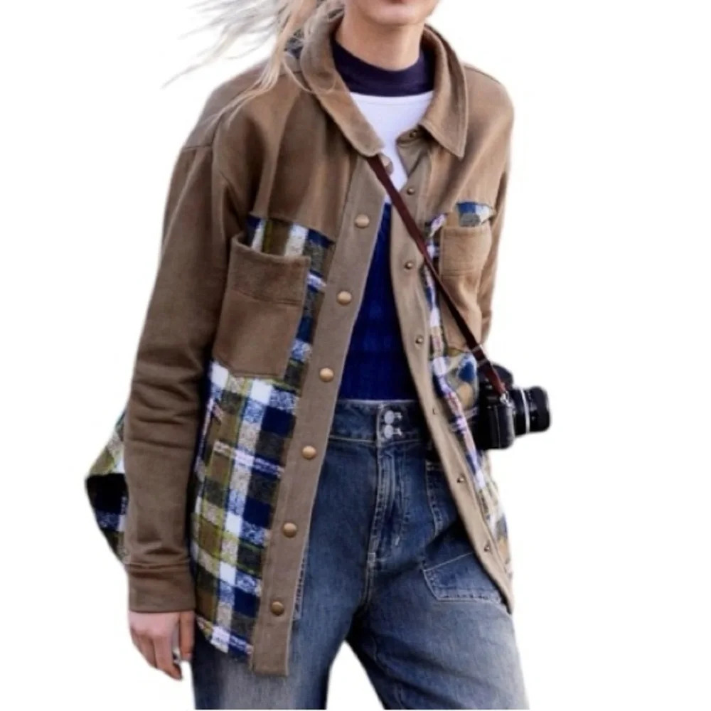 Anthropologie Pilcro Green Blue Plaid Contrast Button Down Shirt Jacket‎ Size S